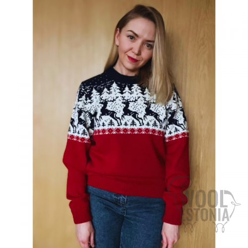 Women's jumper with a deer, Red and Blue