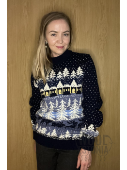 Men's sweater with a forest. Dark blue