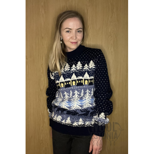 Men's sweater with a forest. Dark blue