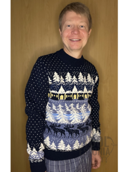 Men's sweater with a forest. Dark blue