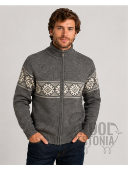 Men's merinowool sweater with zip, with scandic pattern