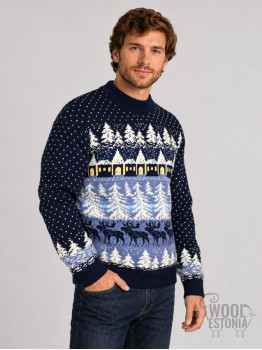Men's  sweater with a forest. Dark blue