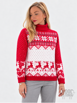 Men's  sweater with a deer, red, woolen sweater
